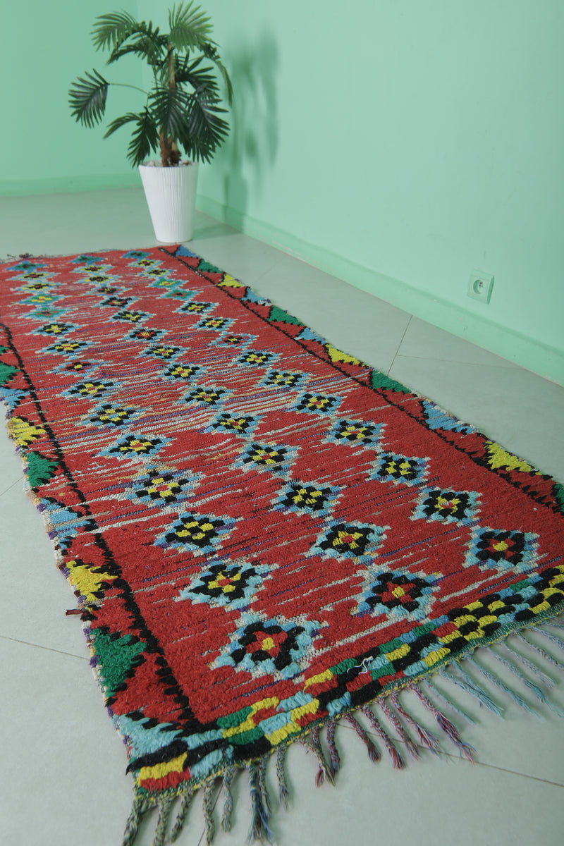 Long handmade Moroccan rug red 2.9 X 7.8 Feet