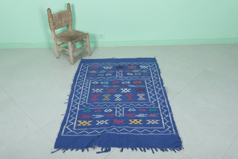 Handwoven Blue Moroccan Rug 3.2 x 4.5 FT - Vibrant Geometric Patterns