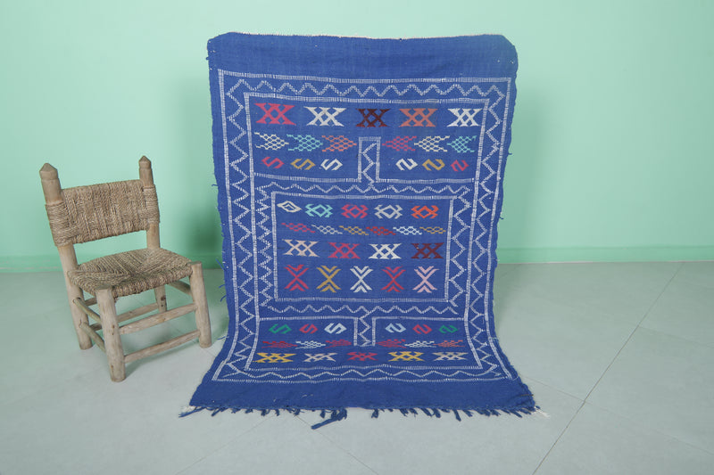 Handwoven Blue Moroccan Rug 3.2 x 4.5 FT - Vibrant Geometric Patterns