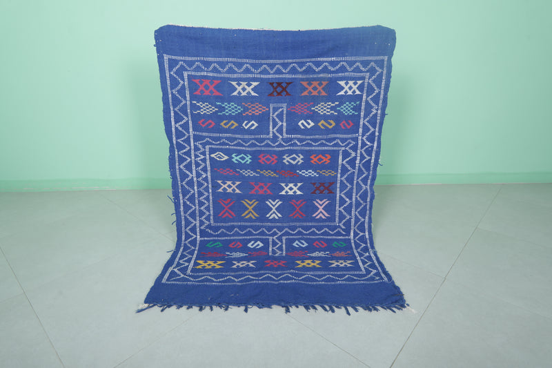 Handwoven Blue Moroccan Rug 3.2 x 4.5 FT - Vibrant Geometric Patterns