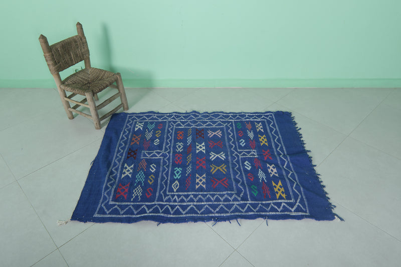 Handwoven Blue Moroccan Rug 3.2 x 4.5 FT - Vibrant Geometric Patterns