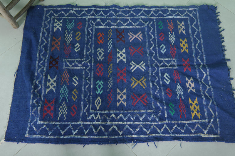 Handwoven Blue Moroccan Rug 3.2 x 4.5 FT - Vibrant Geometric Patterns