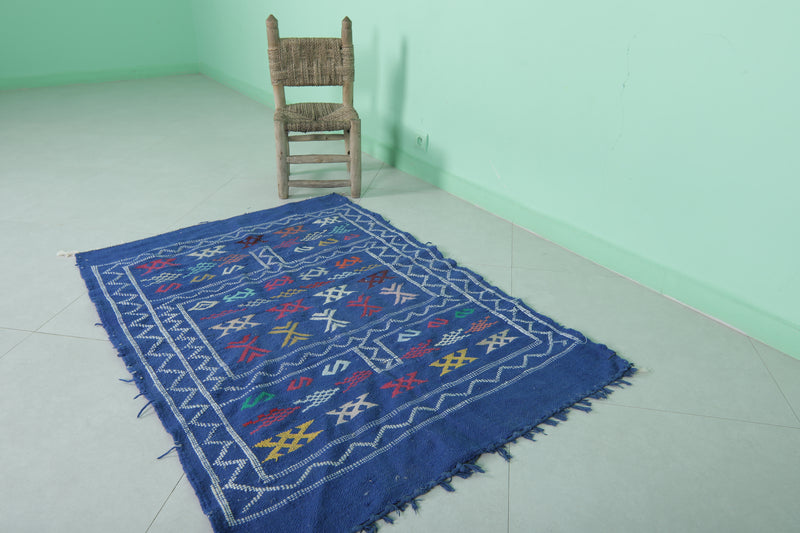 Handwoven Blue Moroccan Rug 3.2 x 4.5 FT - Vibrant Geometric Patterns