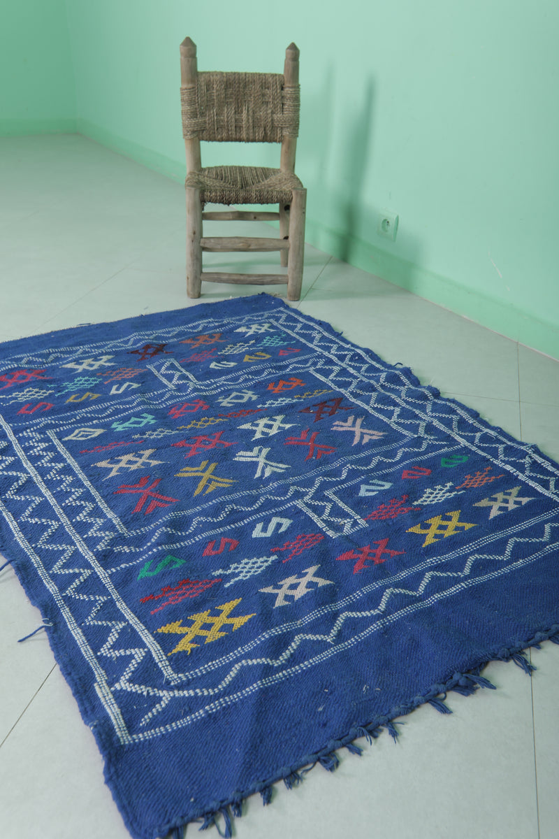 Handwoven Blue Moroccan Rug 3.2 x 4.5 FT - Vibrant Geometric Patterns