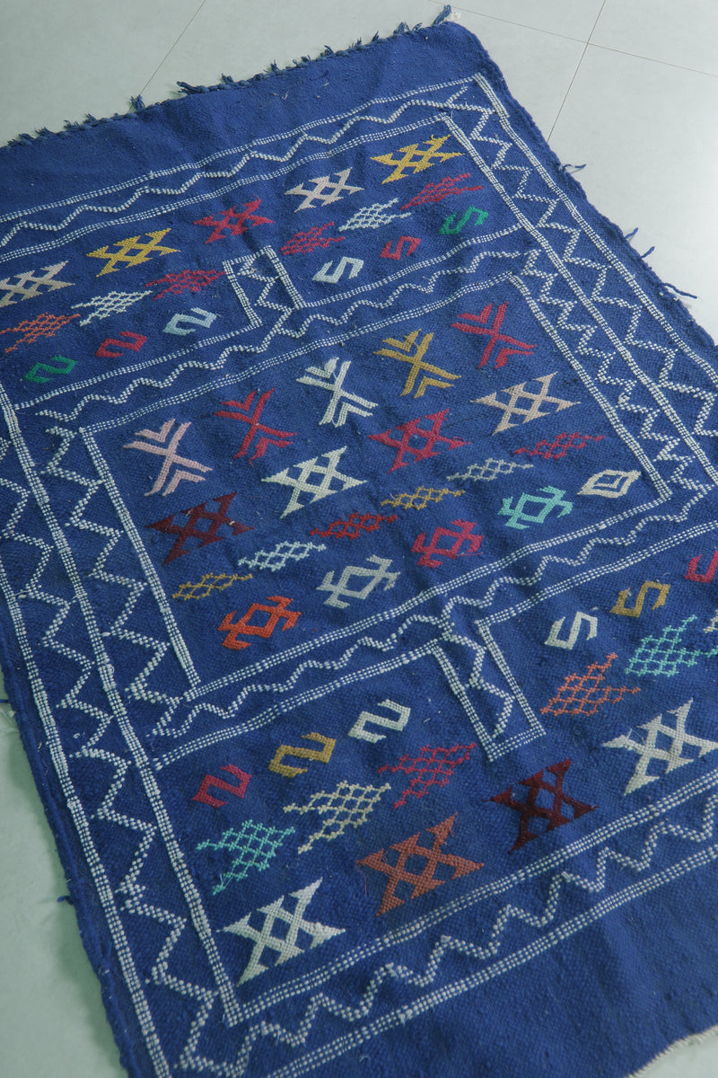 Handwoven Blue Moroccan Rug 3.2 x 4.5 FT - Vibrant Geometric Patterns