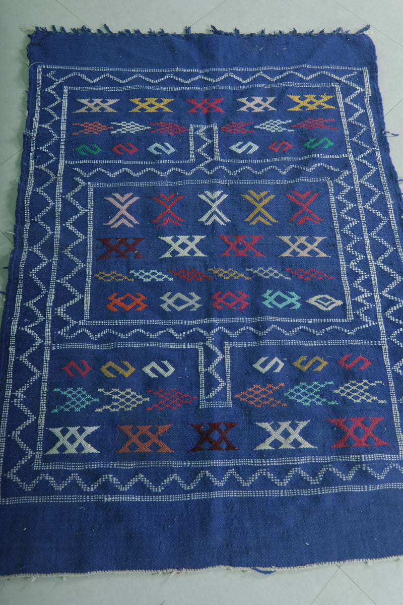 Handwoven Blue Moroccan Rug 3.2 x 4.5 FT - Vibrant Geometric Patterns