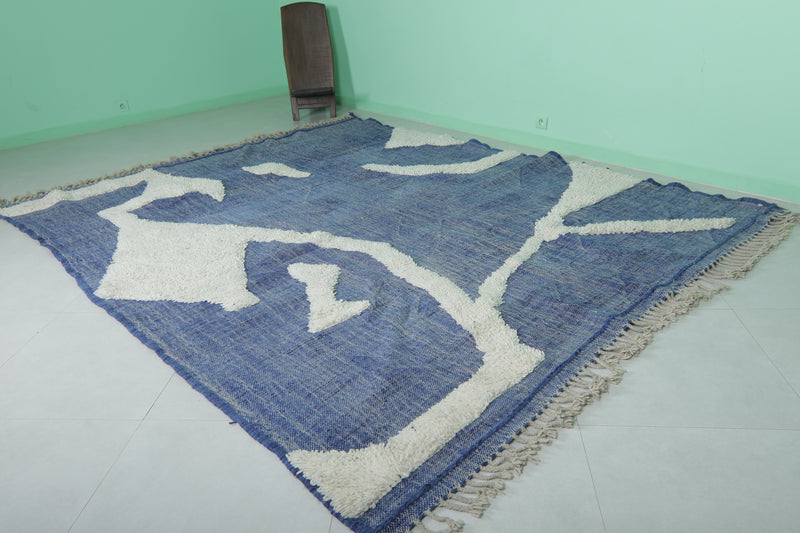 Moroccan Rug 8.1x10.3 FT - Handwoven Abstract Blue and White Design