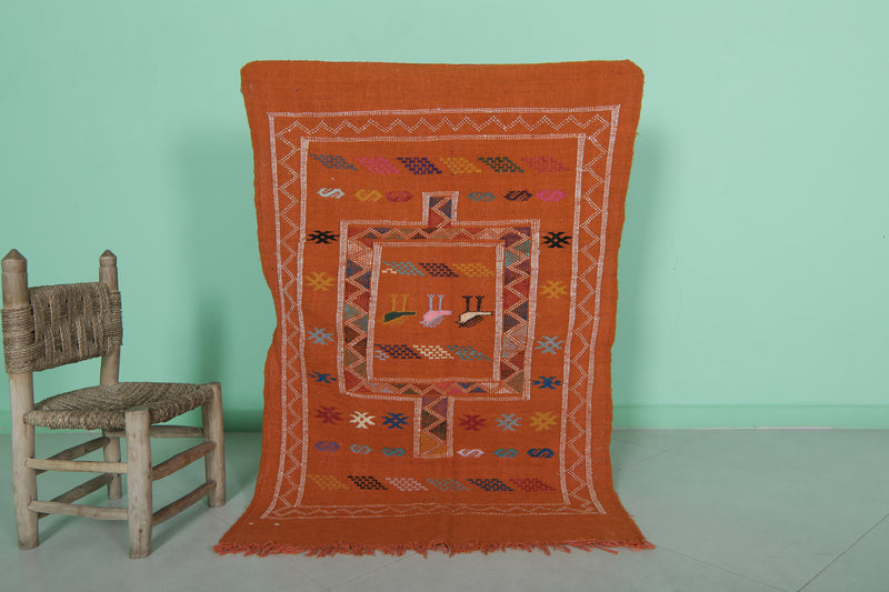 Orange Moroccan Kilim Rug - 3 FT X 4.6 FT - Handwoven Wool