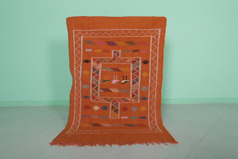 Orange Moroccan Kilim Rug - 3 FT X 4.6 FT - Handwoven Wool