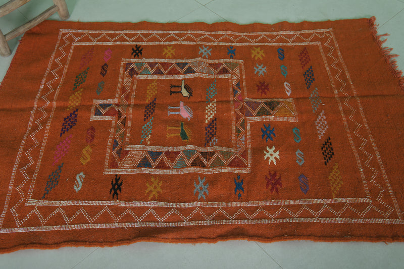 Orange Moroccan Kilim Rug - 3 FT X 4.6 FT - Handwoven Wool