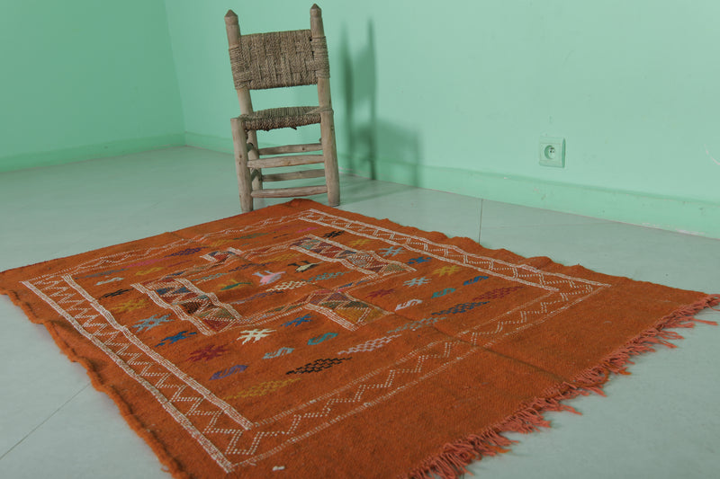 Orange Moroccan Kilim Rug - 3 FT X 4.6 FT - Handwoven Wool