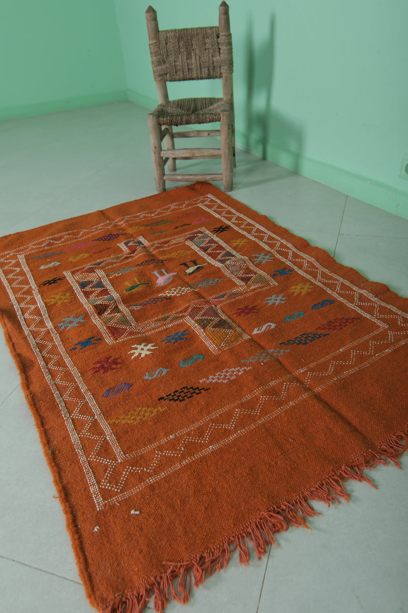 Orange Moroccan Kilim Rug - 3 FT X 4.6 FT - Handwoven Wool