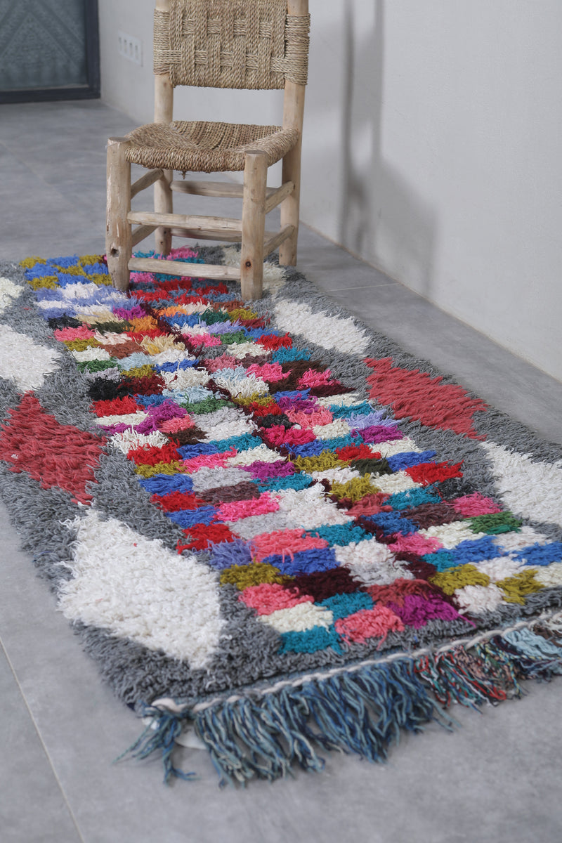 Moroccan Boucherouite Runner Rug 2.5 x 5.9 Feet - Handmade Checkered Design