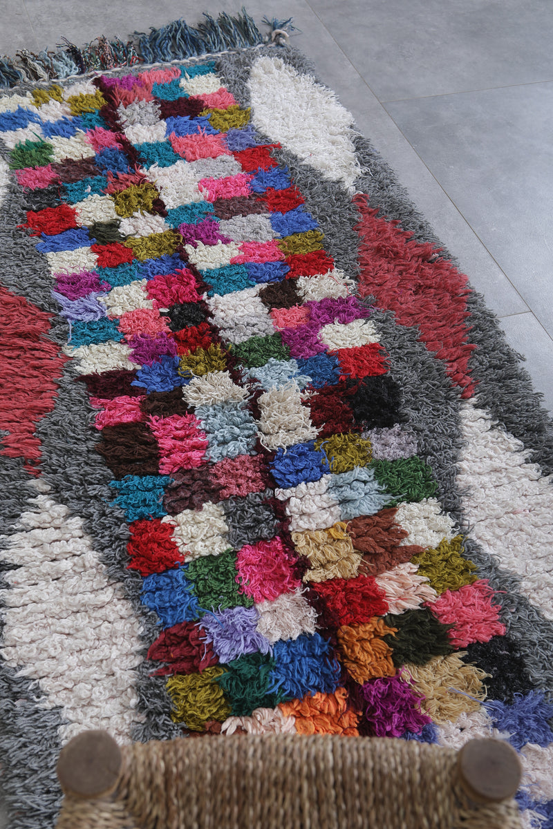 Moroccan Boucherouite Runner Rug 2.5 x 5.9 Feet - Handmade Checkered Design