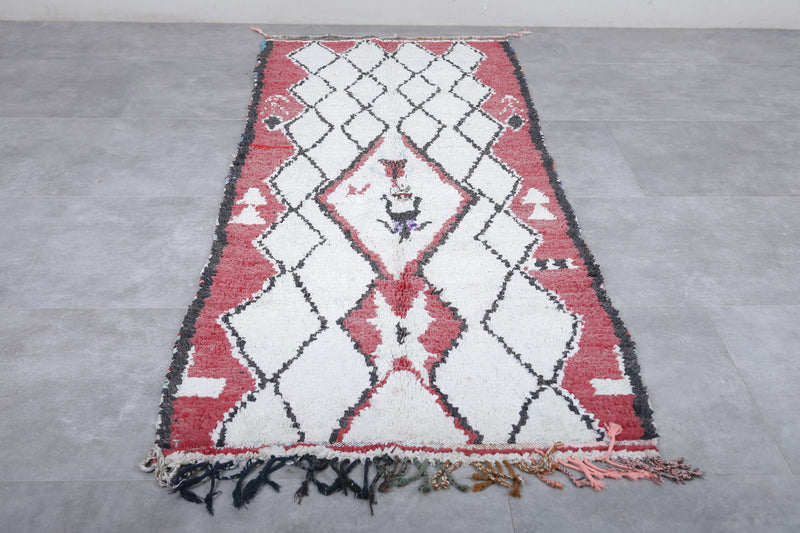 White and Red Moroccan Boucherouite Rug 3.5 x 8.6 Feet - Unique Handmade Runner