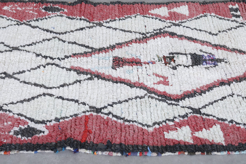 White and Red Moroccan Boucherouite Rug 3.5 x 8.6 Feet - Unique Handmade Runner