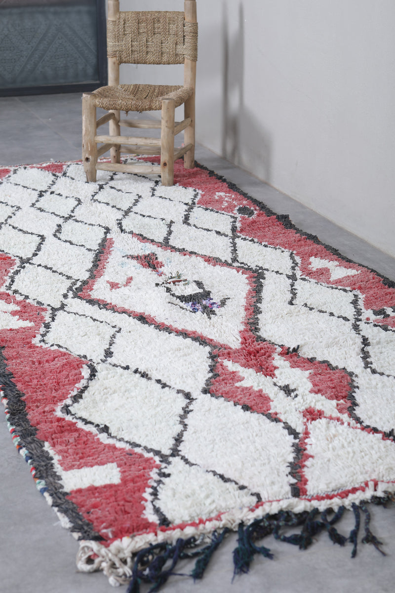 White and Red Moroccan Boucherouite Rug 3.5 x 8.6 Feet - Unique Handmade Runner