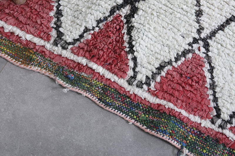 White and Red Moroccan Boucherouite Rug 3.5 x 8.6 Feet - Unique Handmade Runner