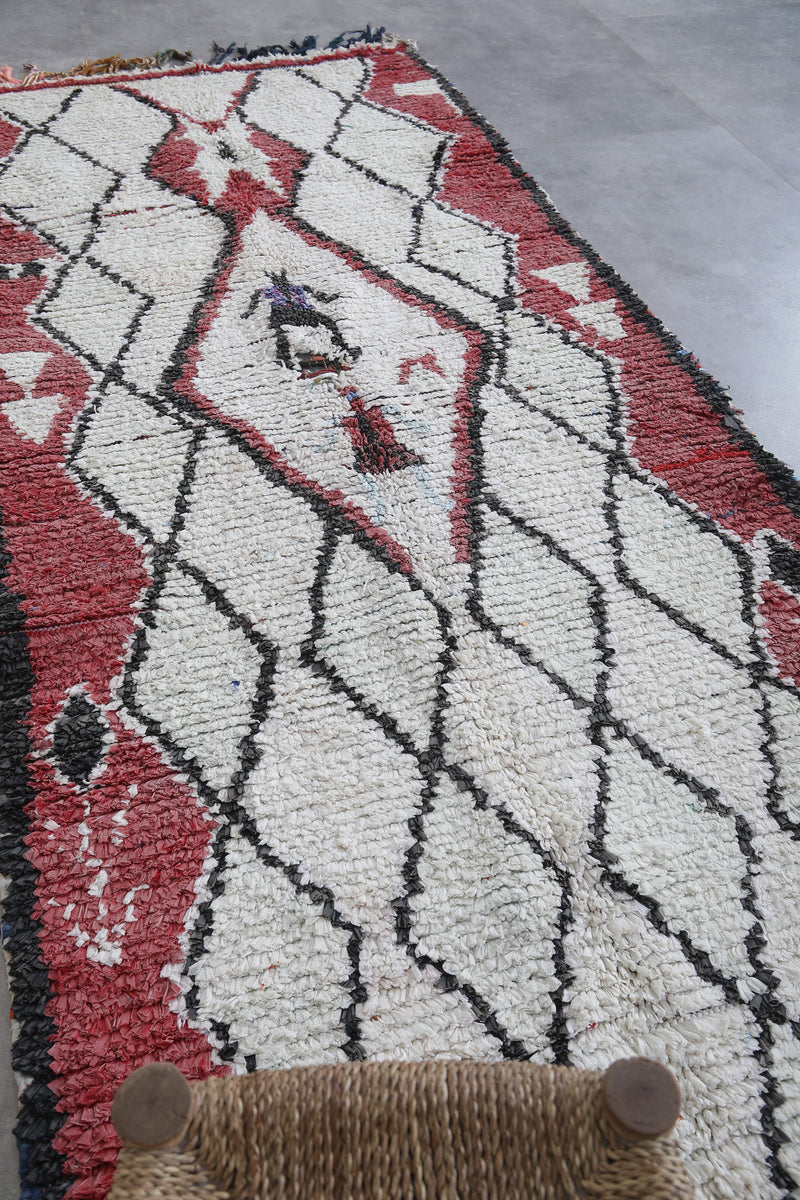 White and Red Moroccan Boucherouite Rug 3.5 x 8.6 Feet - Unique Handmade Runner