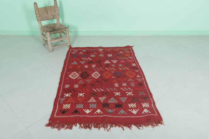 Small Red Moroccan Rug - 3.2 FT × 4.7 FT | Handwoven Kilim