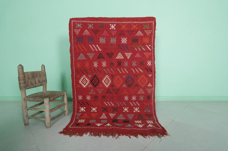 Small Red Moroccan Rug - 3.2 FT × 4.7 FT | Handwoven Kilim