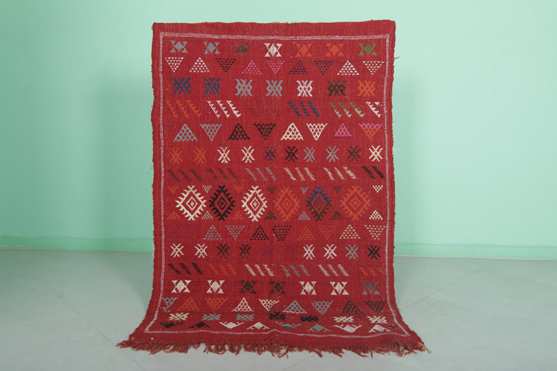 Small Red Moroccan Rug - 3.2 FT × 4.7 FT | Handwoven Kilim