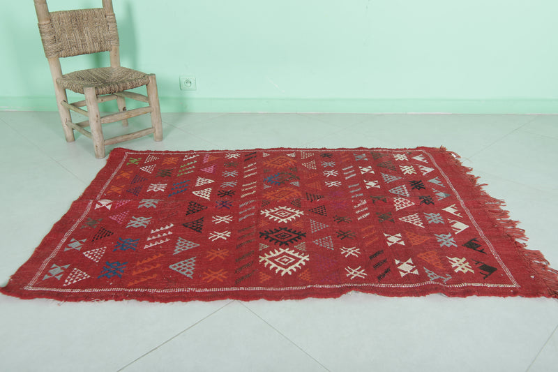 Small Red Moroccan Rug - 3.2 FT × 4.7 FT | Handwoven Kilim