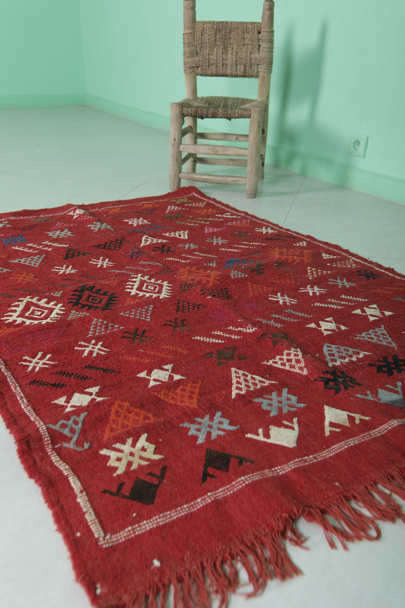 Small Red Moroccan Rug - 3.2 FT × 4.7 FT | Handwoven Kilim