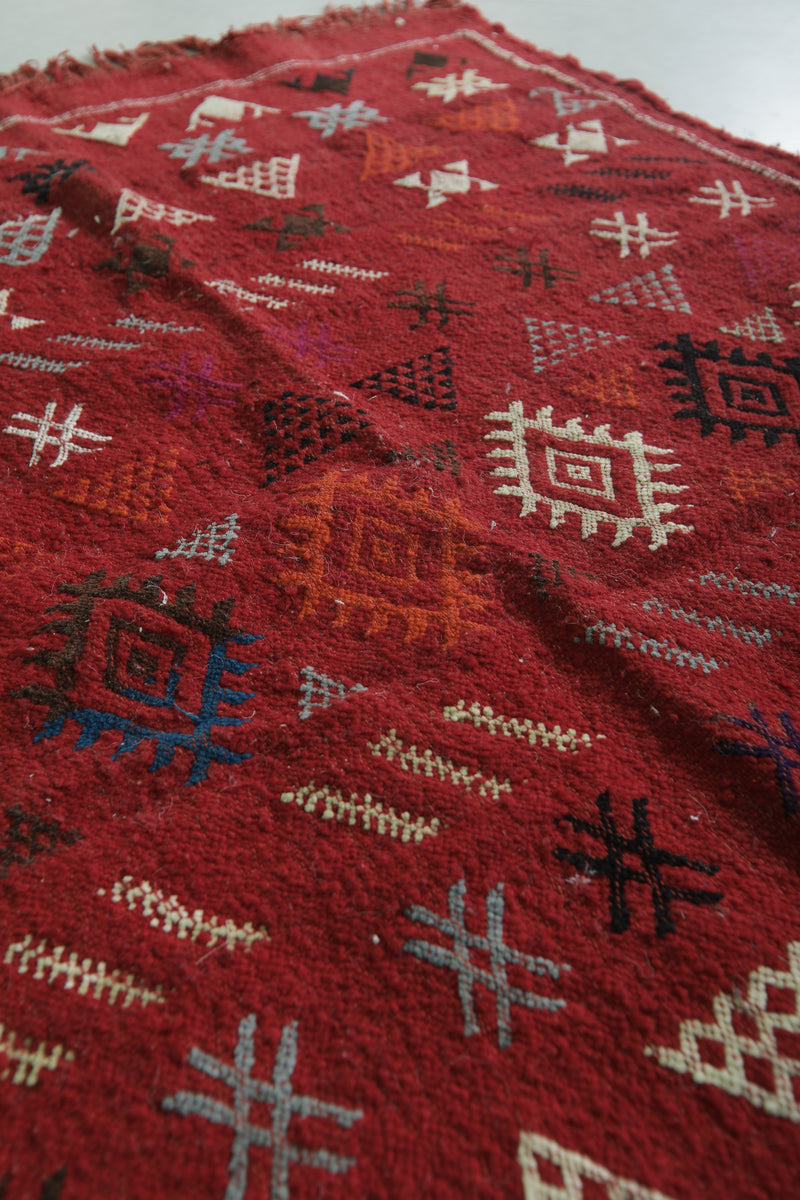 Small Red Moroccan Rug - 3.2 FT × 4.7 FT | Handwoven Kilim