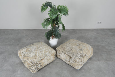 Set of 2 Vintage Moroccan Poufs - Neutral Handwoven Floor Cushions - kilim pouf