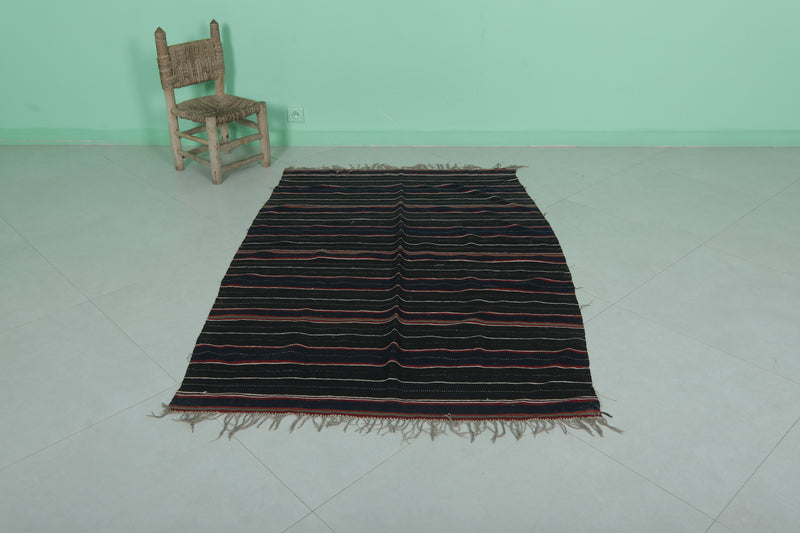 Handwoven Kilim Rug - Black with Red Stripes | 4 FT X 5.7 FT