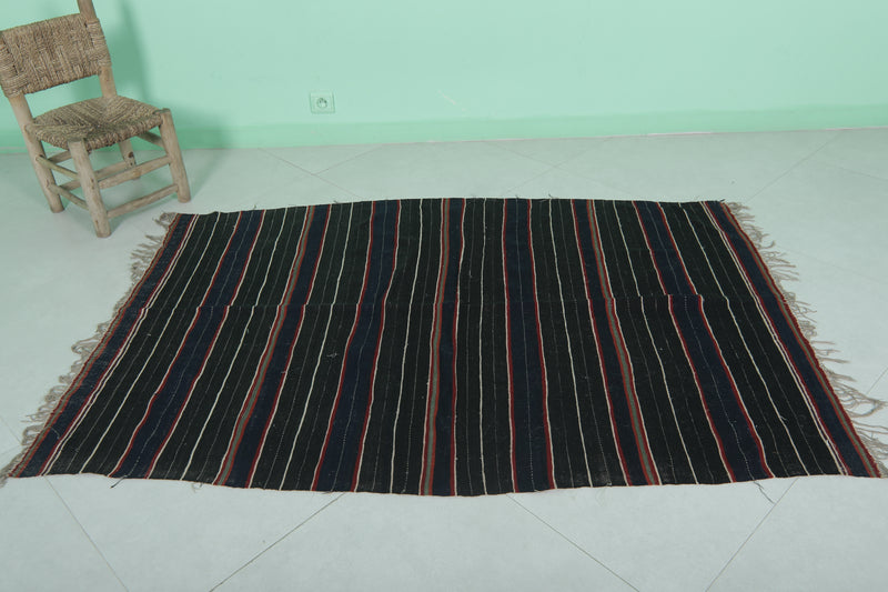 Handwoven Kilim Rug - Black with Red Stripes | 4 FT X 5.7 FT