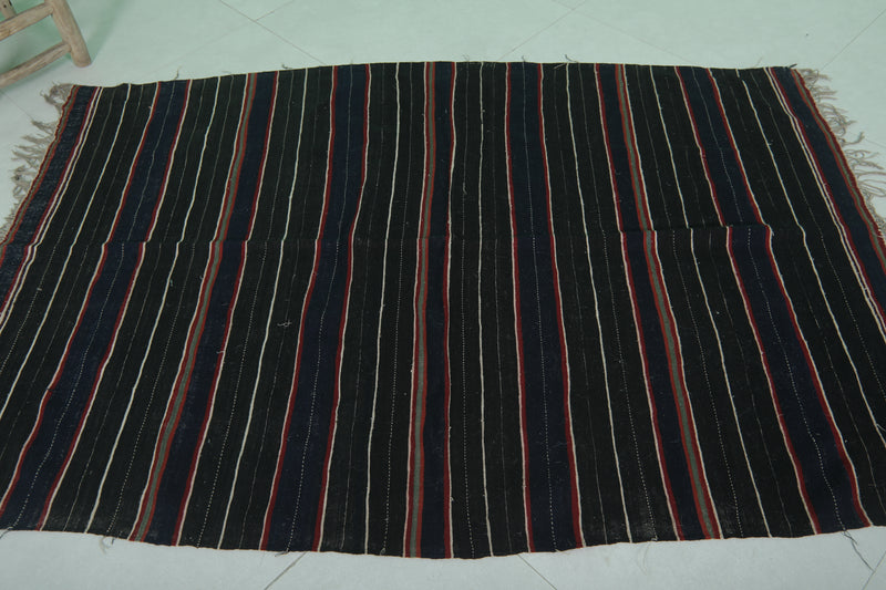 Handwoven Kilim Rug - Black with Red Stripes | 4 FT X 5.7 FT