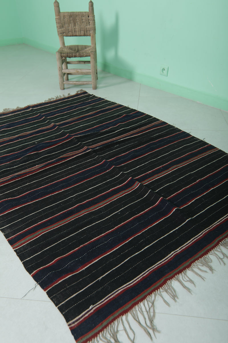 Handwoven Kilim Rug - Black with Red Stripes | 4 FT X 5.7 FT