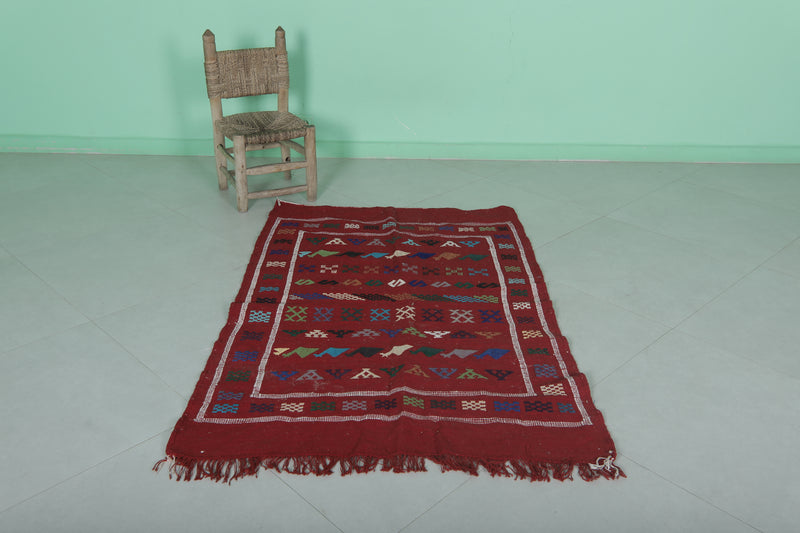 Handwoven Red Moroccan Rug 3.2 x 4.8 FT - Tribal Geometric Design