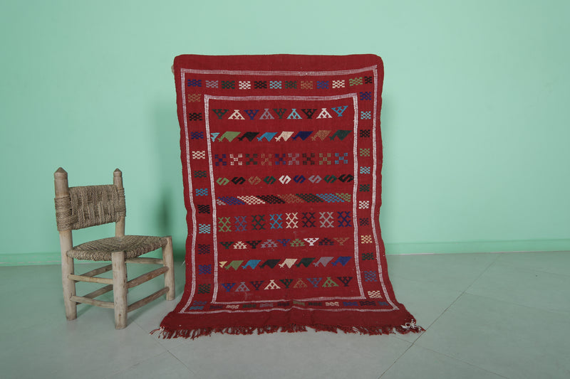 Handwoven Red Moroccan Rug 3.2 x 4.8 FT - Tribal Geometric Design