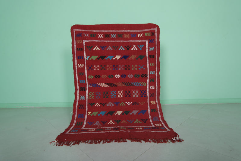 Handwoven Red Moroccan Rug 3.2 x 4.8 FT - Tribal Geometric Design