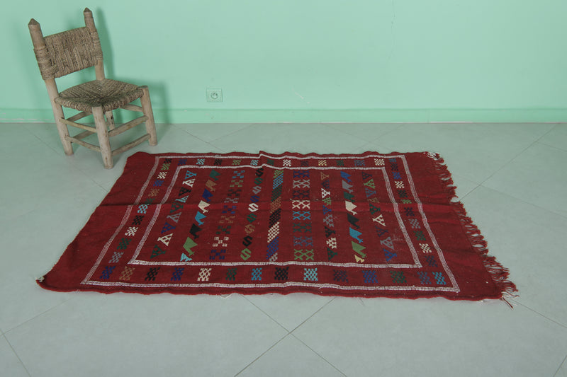 Handwoven Red Moroccan Rug 3.2 x 4.8 FT - Tribal Geometric Design