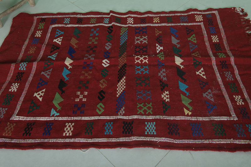 Handwoven Red Moroccan Rug 3.2 x 4.8 FT - Tribal Geometric Design