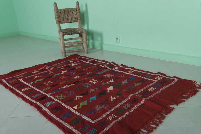 Handwoven Red Moroccan Rug 3.2 x 4.8 FT - Tribal Geometric Design