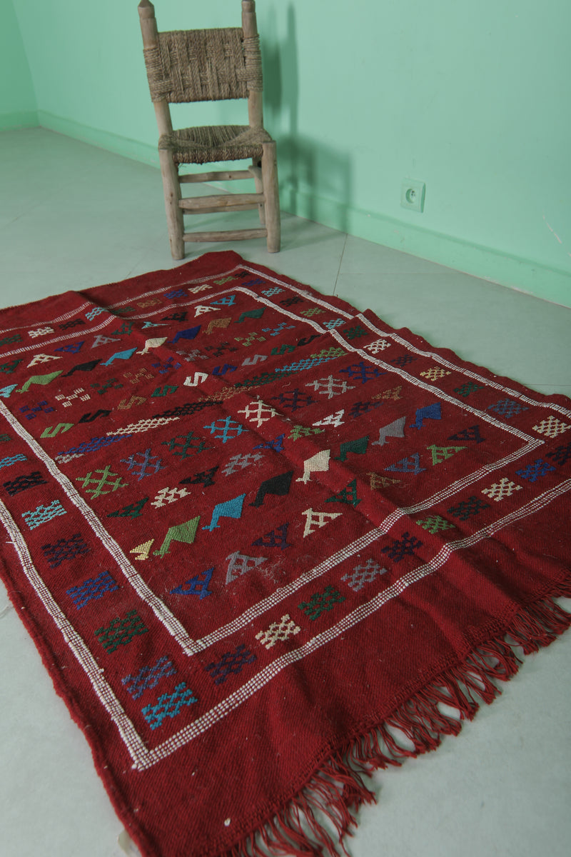 Handwoven Red Moroccan Rug 3.2 x 4.8 FT - Tribal Geometric Design