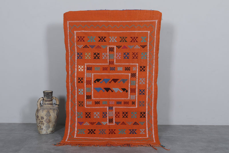 Vibrant Handwoven Kilim Rug - Orange Geometric Pattern | 3 FT X 4.9 FT