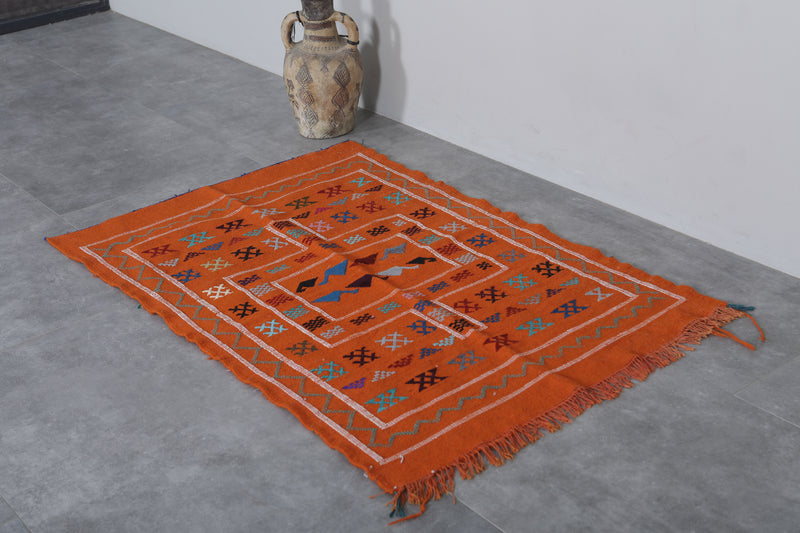 Vibrant Handwoven Kilim Rug - Orange Geometric Pattern | 3 FT X 4.9 FT