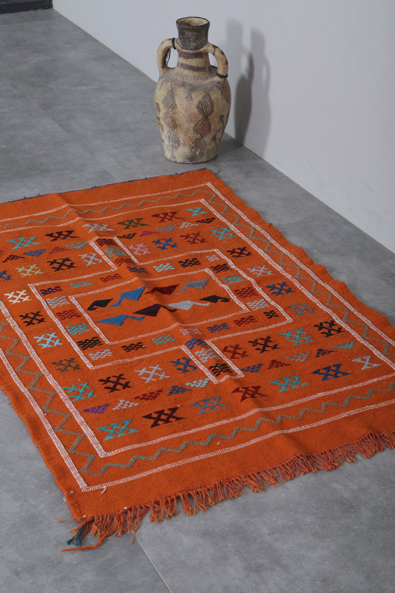 Vibrant Handwoven Kilim Rug - Orange Geometric Pattern | 3 FT X 4.9 FT