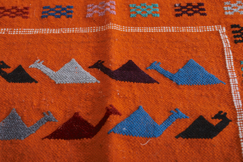 Vibrant Handwoven Kilim Rug - Orange Geometric Pattern | 3 FT X 4.9 FT