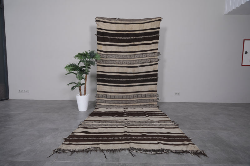 Handwoven Kilim Rug - Black and Cream Stripes 4.3 FT X 11.1 FT