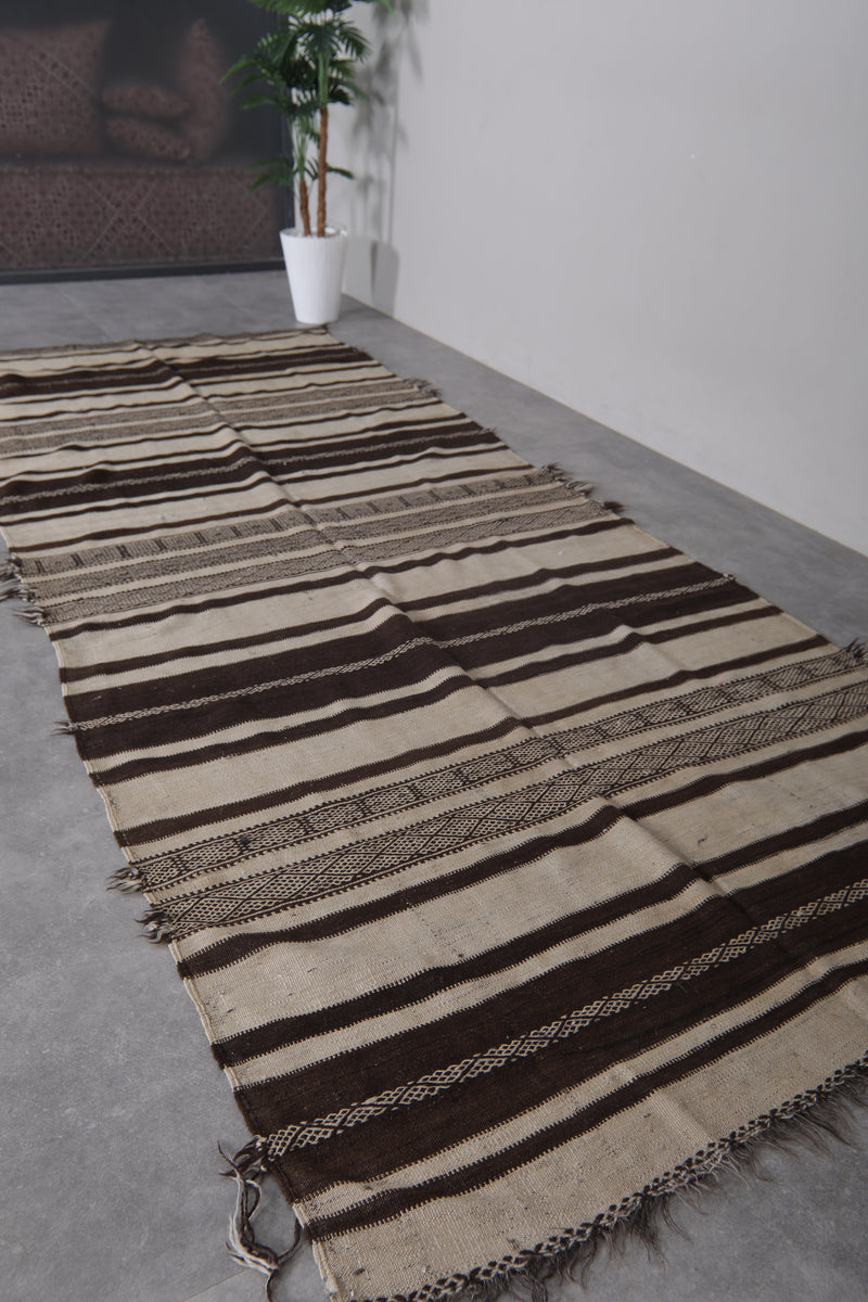 Handwoven Kilim Rug - Black and Cream Stripes 4.3 FT X 11.1 FT