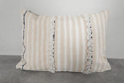 Beige Moroccan Striped Pillow with Fringe Accents - 16.1 x 22.8 Inches - kilim pillow