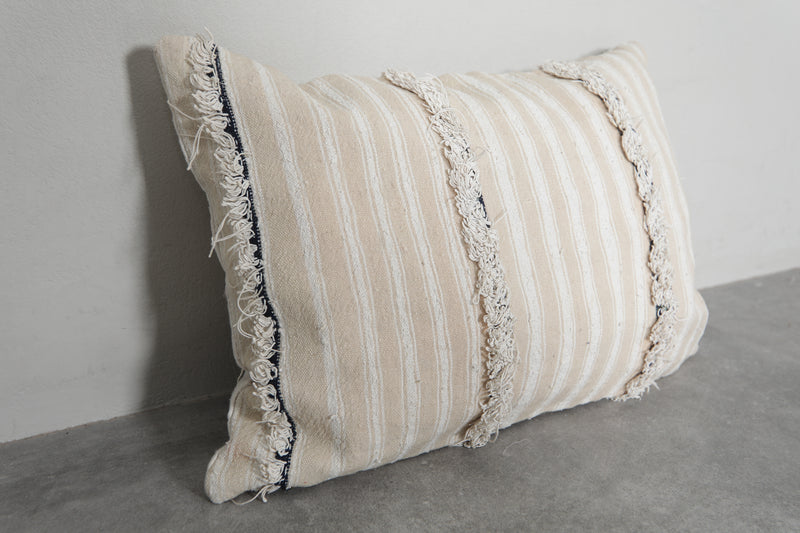 Beige Moroccan Striped Pillow with Fringe Accents - 16.1 x 22.8 Inches - kilim pillow