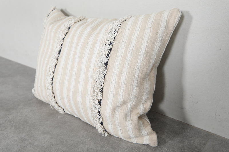 Beige Moroccan Striped Pillow with Fringe Accents - 16.1 x 22.8 Inches - kilim pillow